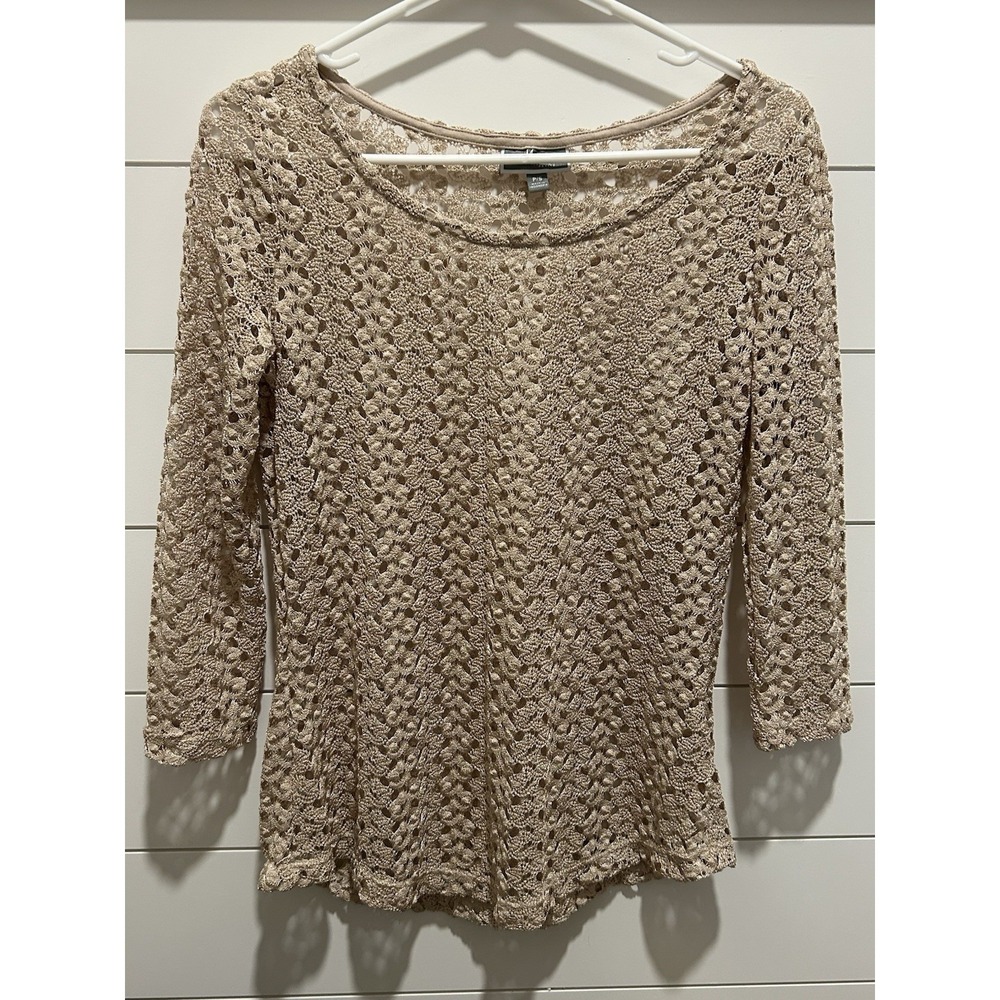 JM Collection Tunic Top Blouse Sz PS Beige Knit Lace Overlay 3/4 Sleeve Capsule